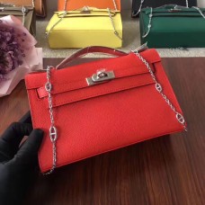 Hermes Mini Kelly 22 cm, skóra Epsom, czerwono-srebrny pasek z łańcuszkiem