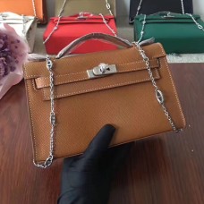 Hermes Mini Kelly 22 cm, skóra Epsom, kolor camel srebrny, pasek łańcuszkowy