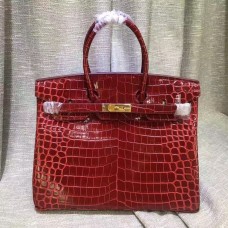Torebka Hermes Birkin 35 cm ze skóry krokodyla w kolorze ciemnoczerwonym i złotym
