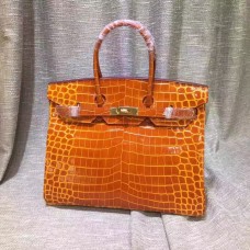 Torebka Hermes Birkin 35 cm ze skóry krokodyla w kolorze pomarańczowym i złotym