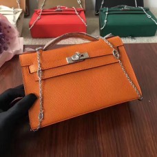 Hermes Mini Kelly 22 cm Skórzany pasek Epsom w kolorze pomarańczowo-srebrnym z łańcuszkiem