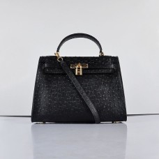 Hermes Kelly 32cm żyła strusia 6108 czarno-złota