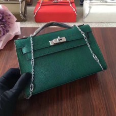Hermes Mini Kelly 22 cm, skóra Epsom, zielono-srebrny pasek z łańcuszkiem