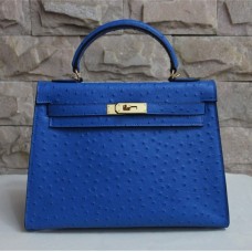 Torebka Hermes Kelly 32 cm z żyłką strusia, niebiesko-złota