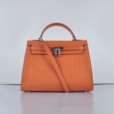 Hermes Kelly 32cm żyła strusia 6108 pomarańczowo-srebrny