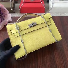 Hermes Mini Kelly 22 cm, skóra Epsom, żółty, srebrny, pasek z łańcuszkiem